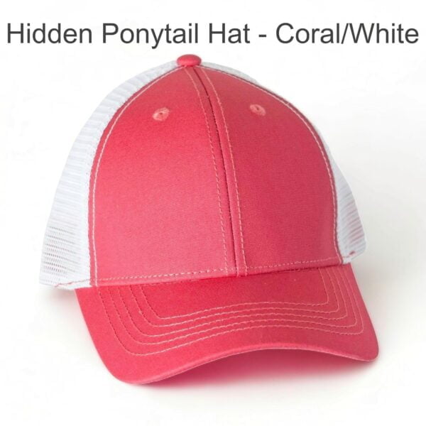 Hidden Ponytail Hat - Coral / White Leather Patch Hat